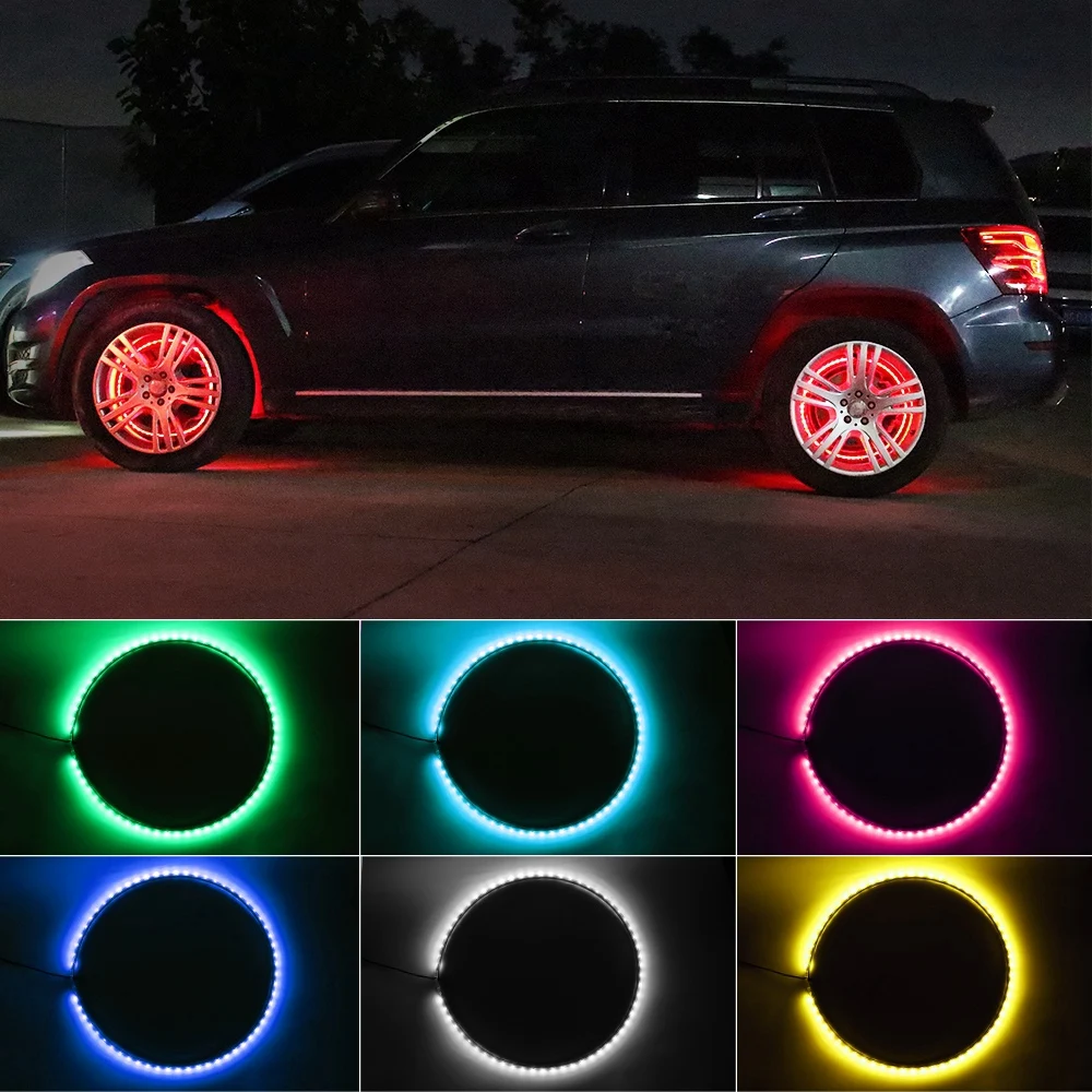 Car Wheel Rim Lamp Hub Lights with RGB Pure White Chasing Color Fit for Vehicle Offroad Car Pickup 4pcs Strip Lights Remote Cont