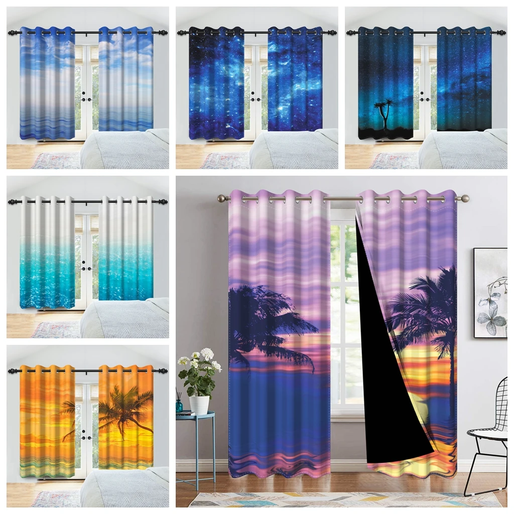 2pcs/set Tropical Natural Scenery Window Curtains Starry Sky Coconut Trees Sunset Decor Living Room Polyester Blackout Curtains