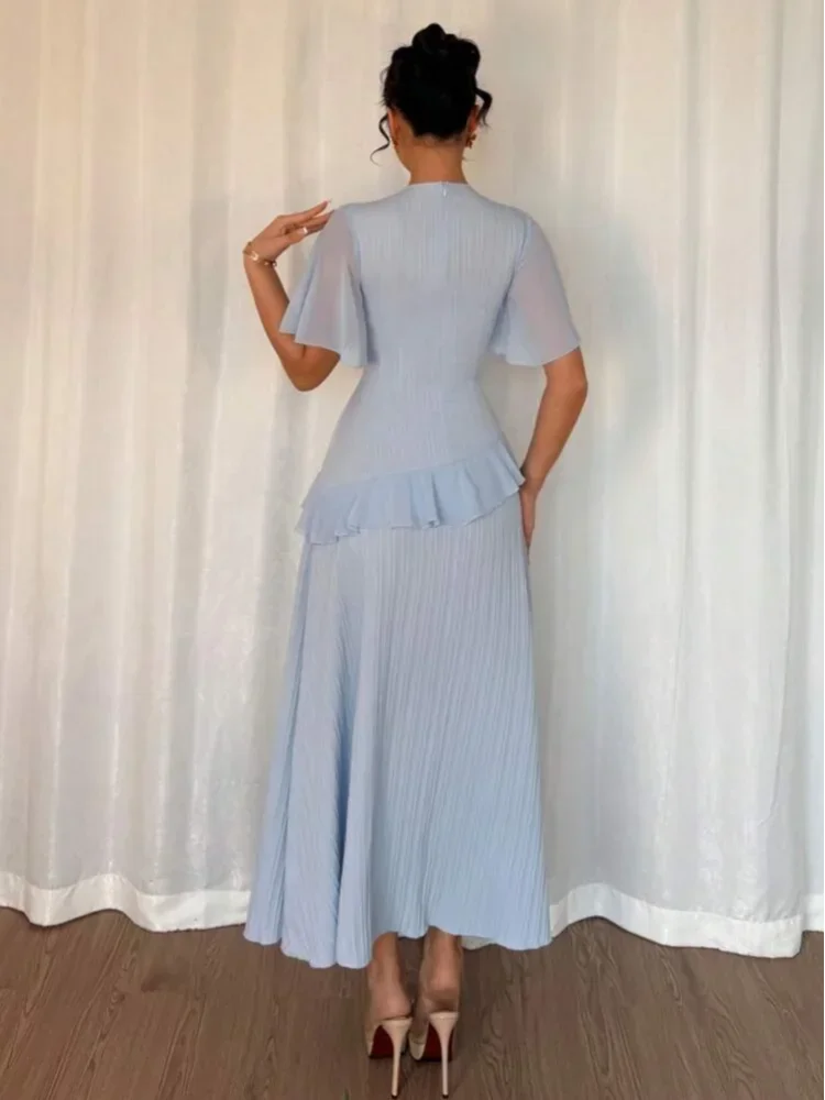 Sólido plissado plissado guarnição maxi vestido feminino em torno do pescoço manga flutter bodycon hem cabido vestidos elegante jantar senhora vestido