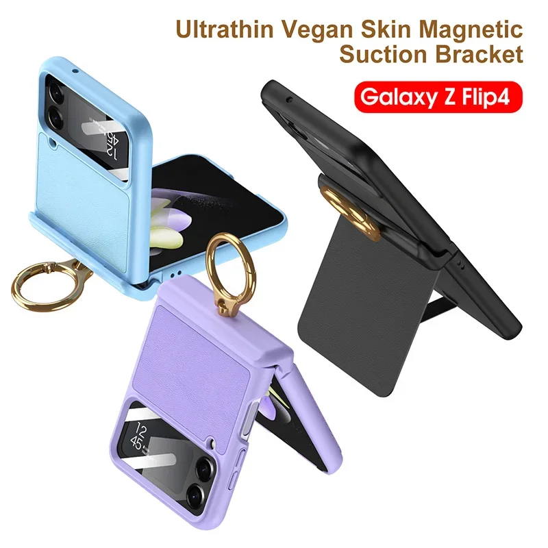 

Plain Leather Flip Holder Case For Samsung Galaxy Z Flip 4 Magnetic Hinge Outer Screen Glass Cover For Galaxy Z Flip 4 Case