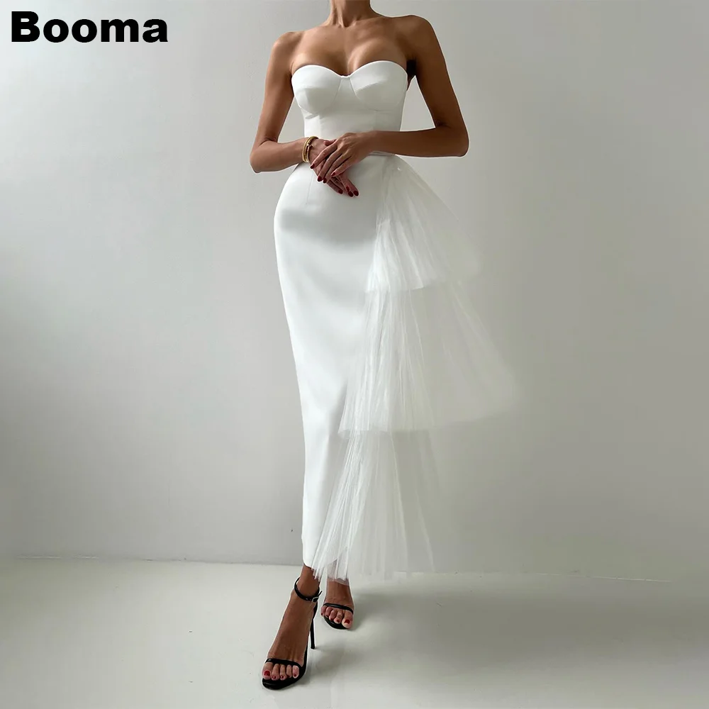 

Booma Midi White Mermaid Prom Dress Sweetheart Sleeveless Tiered Tulle Wedding Party Dress for Women Simple Formal Evening Gowns