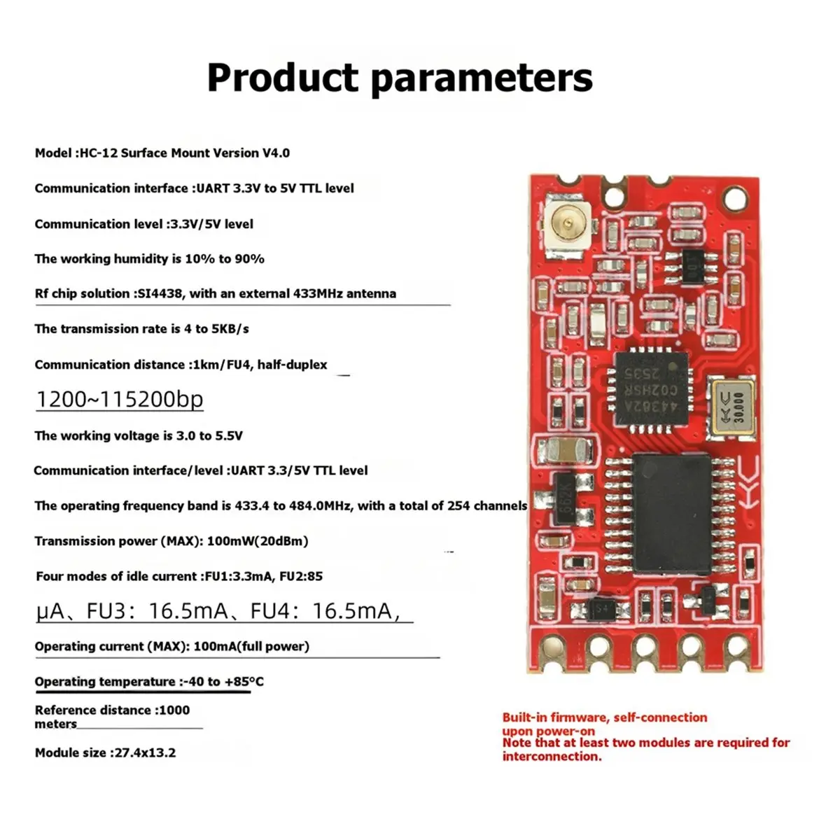 -12 Wireless Serial Communication Module 1000M Long Range SI4438 Transceiver UART 433MHz for Industrial Automation
