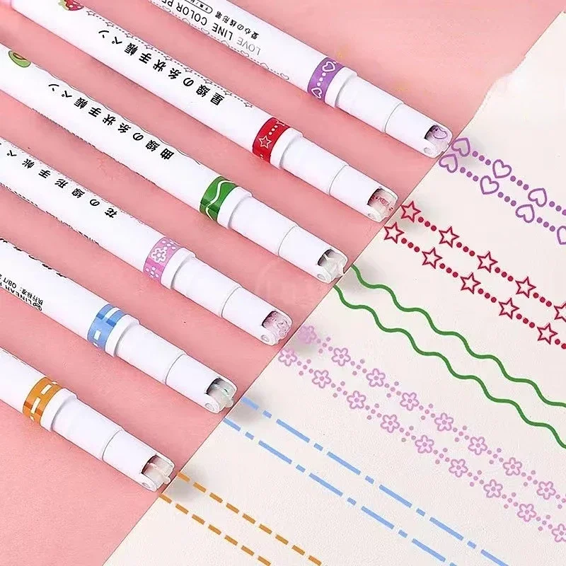 6Pcs Double Line Pattern Outline Marker Pen Hand Copy Account Multi-colored Curve Pen Quick Dry Mark Notes Painting Highlighter