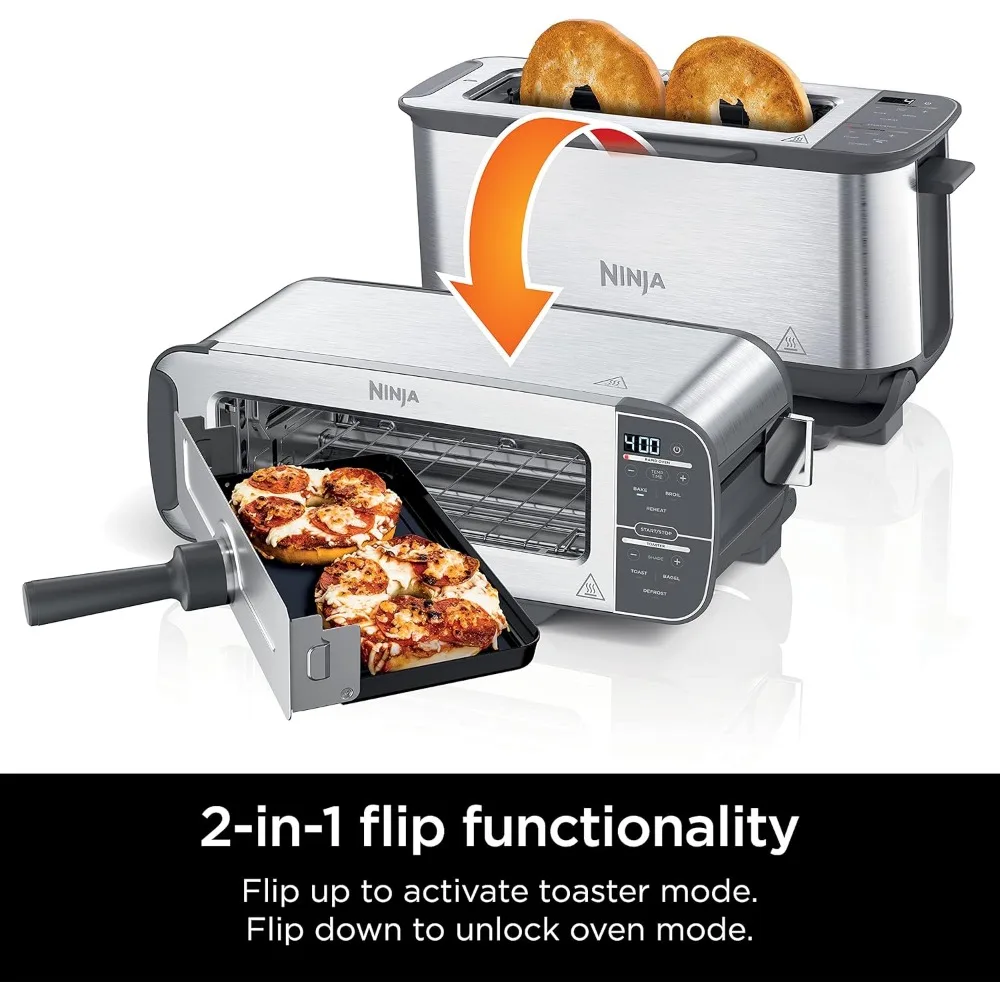 Foodi 2-in-1 Flip Toaster, 2-Slice Capacity, Compact Toaster Oven, Snack Maker, Reheat, Defrost, 1500 Watts, Stainless Steel