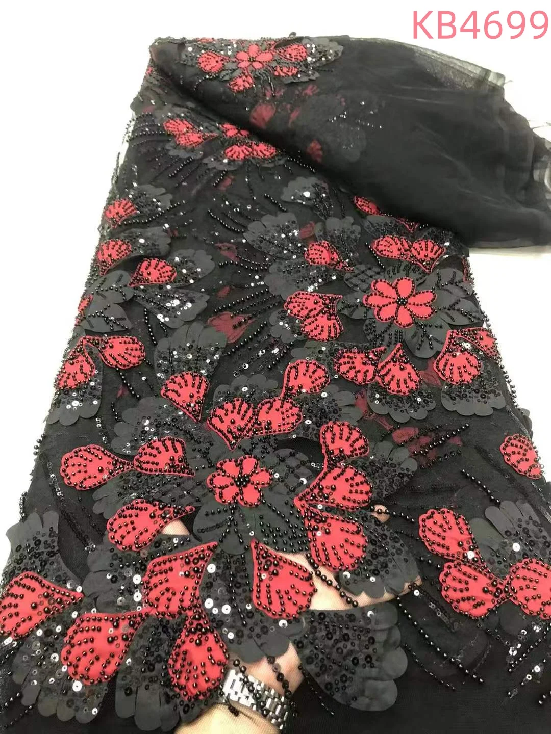 

Black Beaded Lace Fabric African Lace Fabric 2024 High Quality French Mesh With Sequence Sequin Dresses For Sewing KB4699
