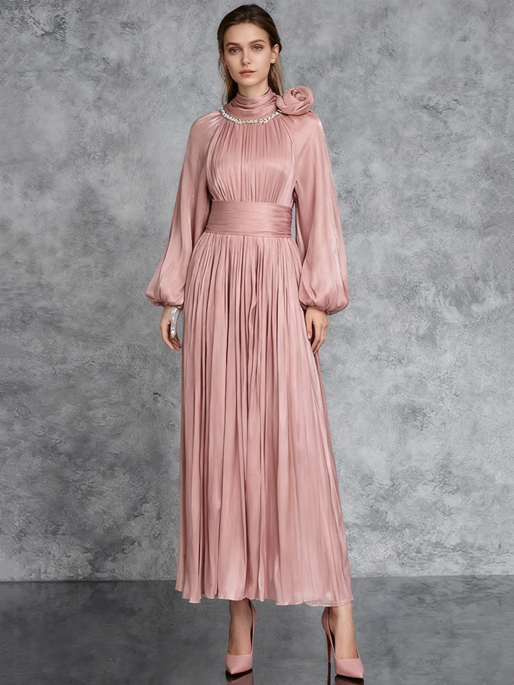 

Modphy Solid Diamond 3D Flower Тонкие платья макси для женщин с воротником-стойкой и длинными рукавами на шнуровке Элегантное платье Женская одежда