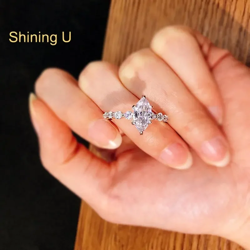 Shining U S925 Silver Marquise cut Ring for Women Platinum Plated Fine Jewelry Engagement