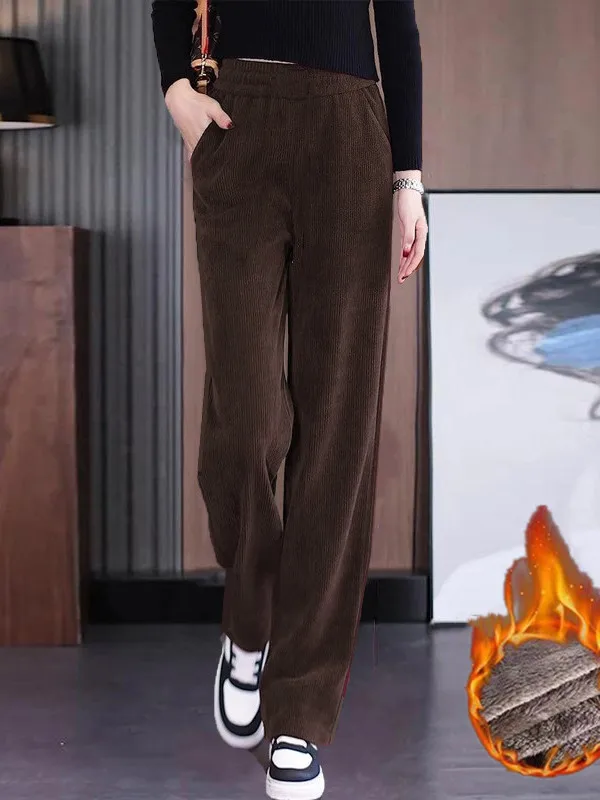 Fce gevoerde wijde pijpen broek voor dames Thiened warme casual broek hoge taille elastisch polyester rechte pijpen winter nieuw