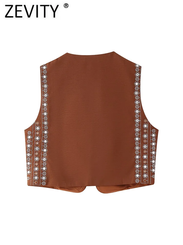 Zevity 2024 Women National Style Sequined Embroidery Open Stitch Short Vest Jacket Ladies Retro Cardigan WaistCoat Tops CT7150