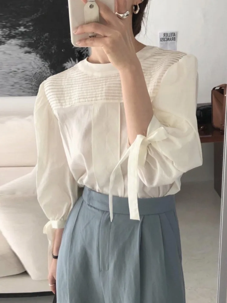 

Chic Early Spring Pleated round Ne Overhead irt Design Sense Knot Tie Lantern Sve Women's irt Korean Sle...