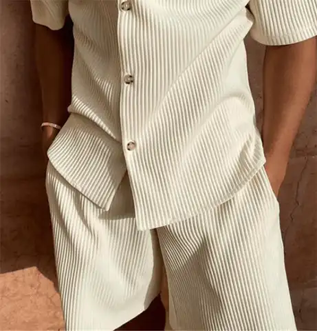 봄/여름 정장 솔리드 컬러 코듀로이 반팔 셔츠와 반바지 스트레치 비치 캐주얼 슈트