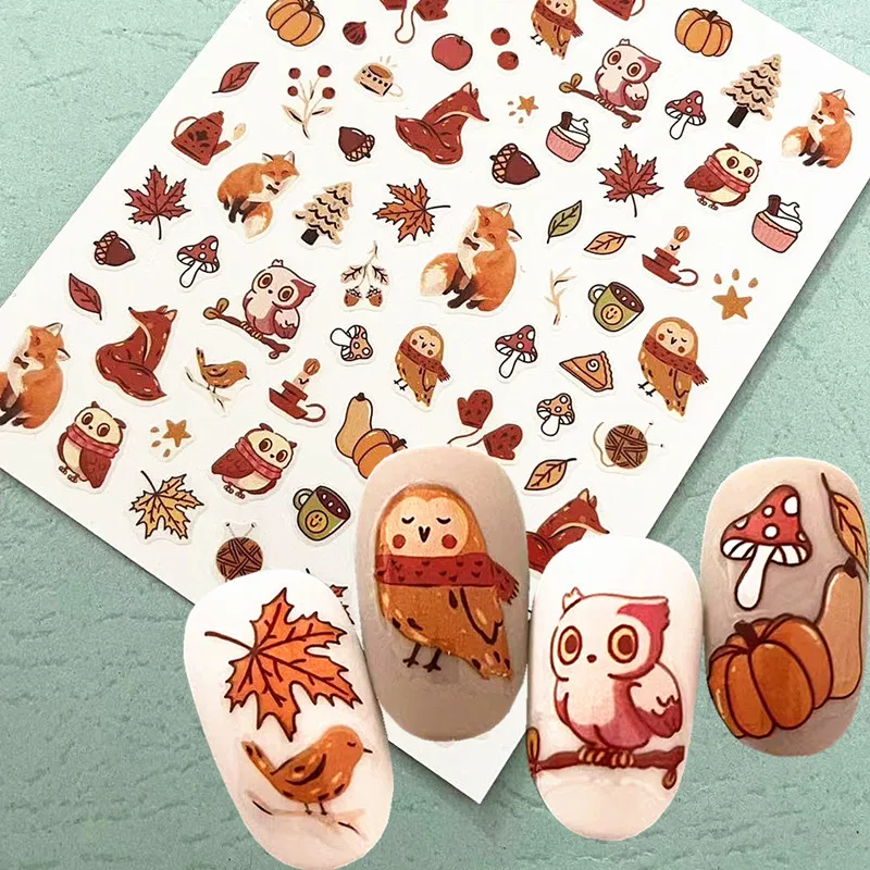 Nail Decor Fox Autumn Owl Design 3D Self Adhesive Back Glue Decal Slider DIY Decoration Tips Nail Stickers  TSC 570