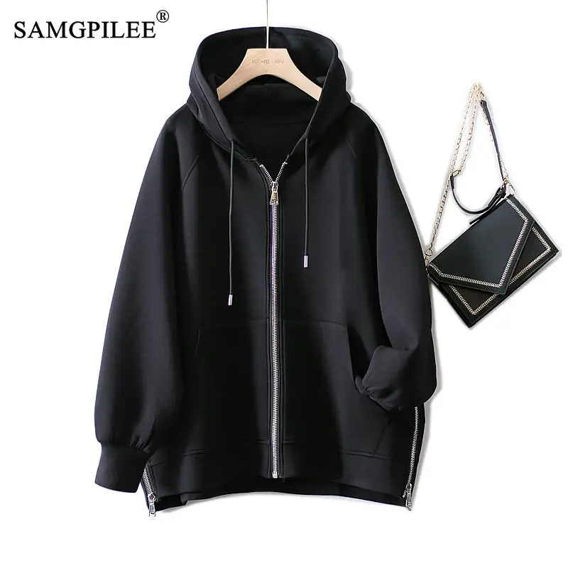 

SAMGPILEE Oversized Hoodie Women Casual Space Cotton Female Clothing Y2k Clothes Full Sleeve Solid Ziphooded Sweatshirts 4XL