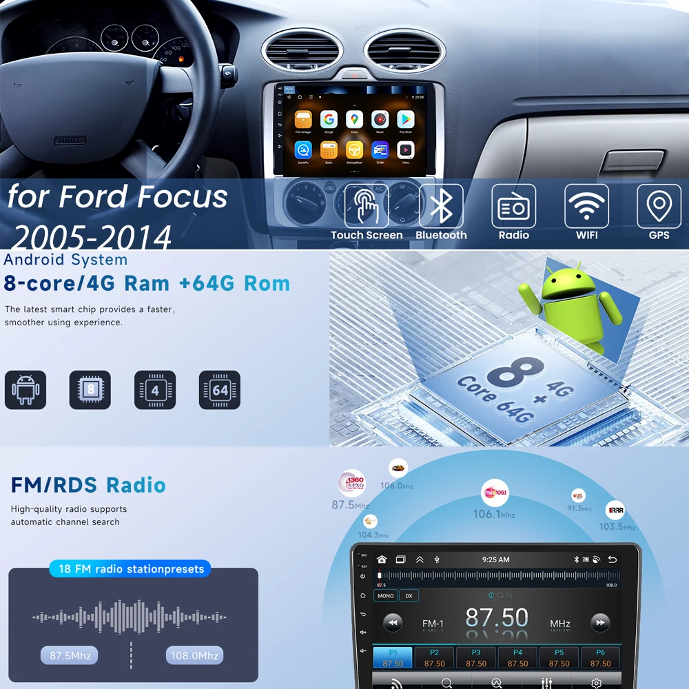 Car Radio For Ford Focus Mk2 Mk3 2005-2014 Stereo Carplay Android 13 Auto 9 Inch Touch Screen Radio GPS Navigation Bluetooth