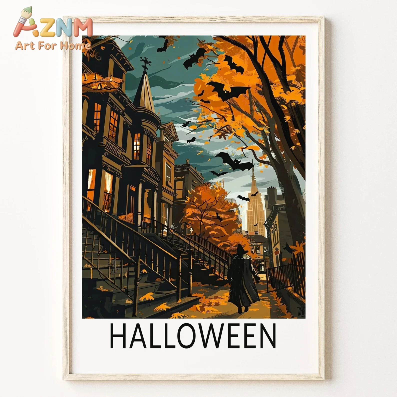 Halloween City Street Autumn Victorian House Bat Witch Figure Canvas Poster Prints Frameless Wall Art Urban Fall Decorations