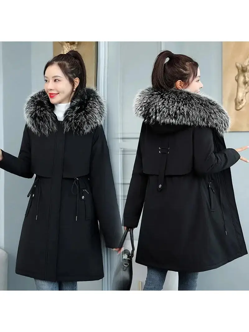 2025 New Women Winter Jacket 8XL Slim Long Coat Casual Parkas Big fur collar Wool Liner Hooded Outwear Cotton Warm Coats Female