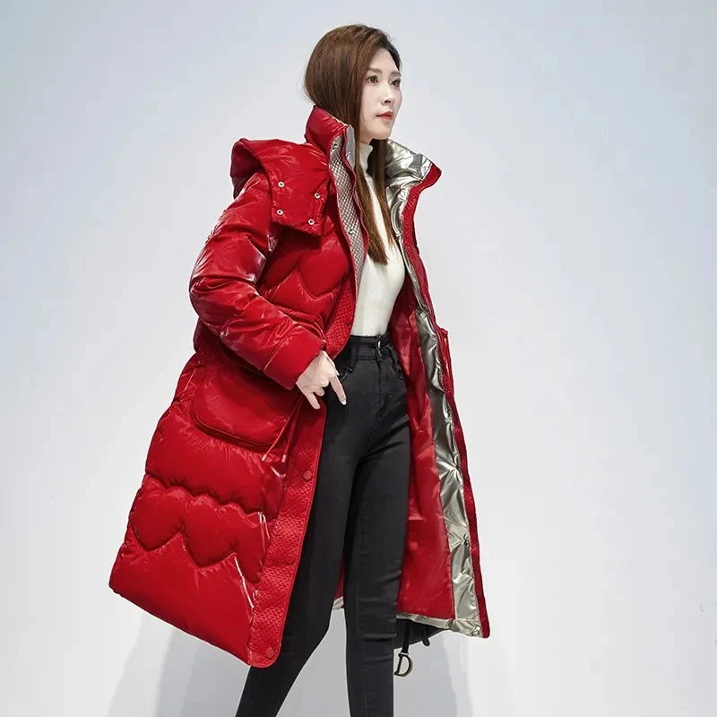 2024 Winter New Down Cotton Jacket Women\'s Glossy Thicken Hooded Coat Female Warm Snow Parka Overcoat Casual Long Cotton Coats