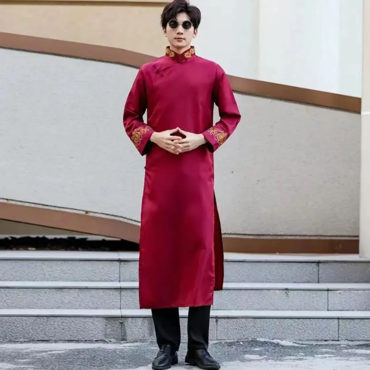 Red Black Pink Traditional Chinese Dresses Large Size Tang Suit Men Robe Brother Costume Cross Talk Gown Cheongsam Weddin Dress view 2