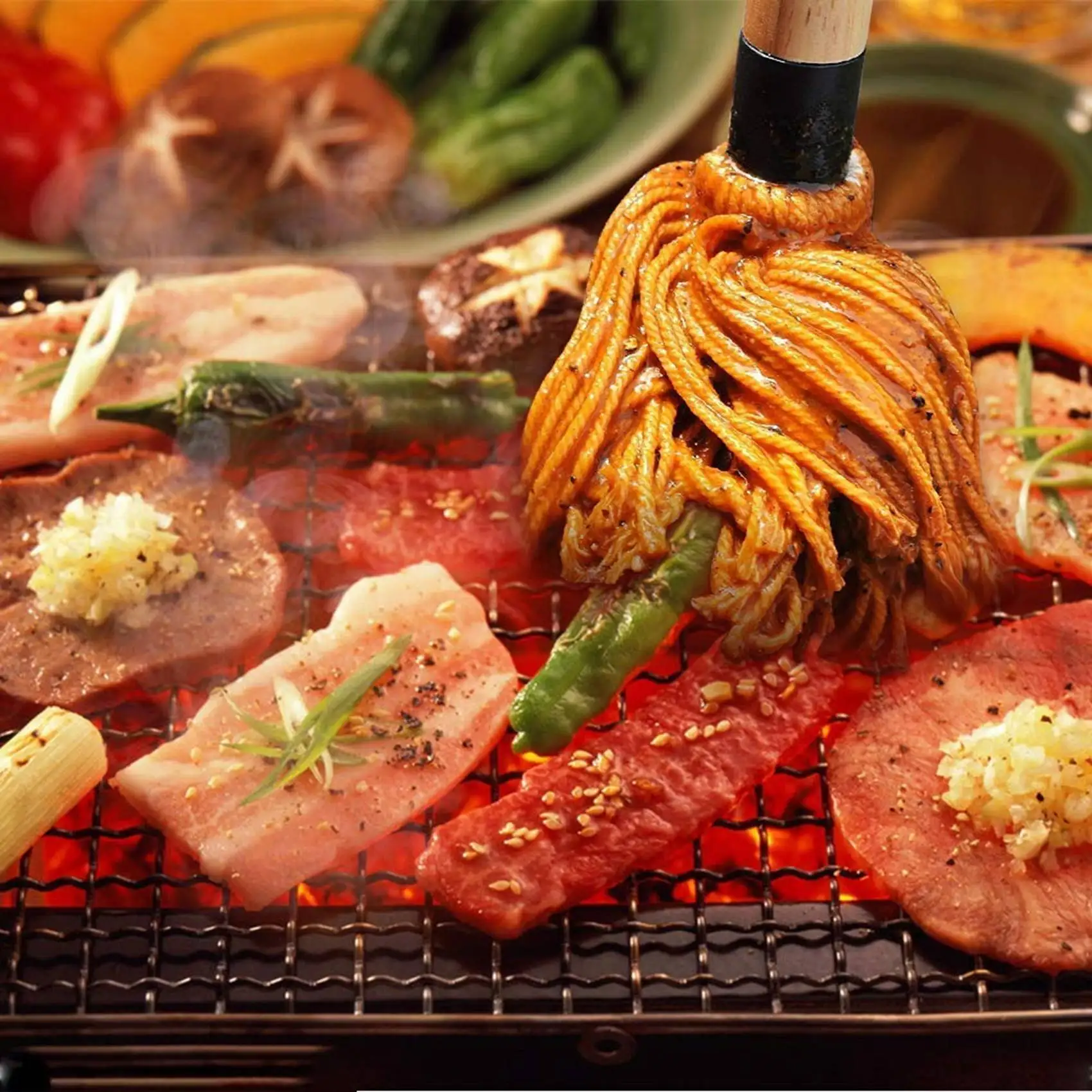 Spazzola per barbecue per barbecue Mop per imbastire Mop per imbastire griglia da 18 pollici Manico lungo in legno con 4 teste di ricambio extra