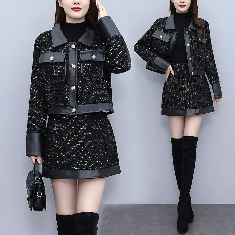 Real Shot Plus Size Women's 2024 Autumn Winter New High-end Spliced Fashion Slimming Classic Style Jacket Dress Two-piece Set