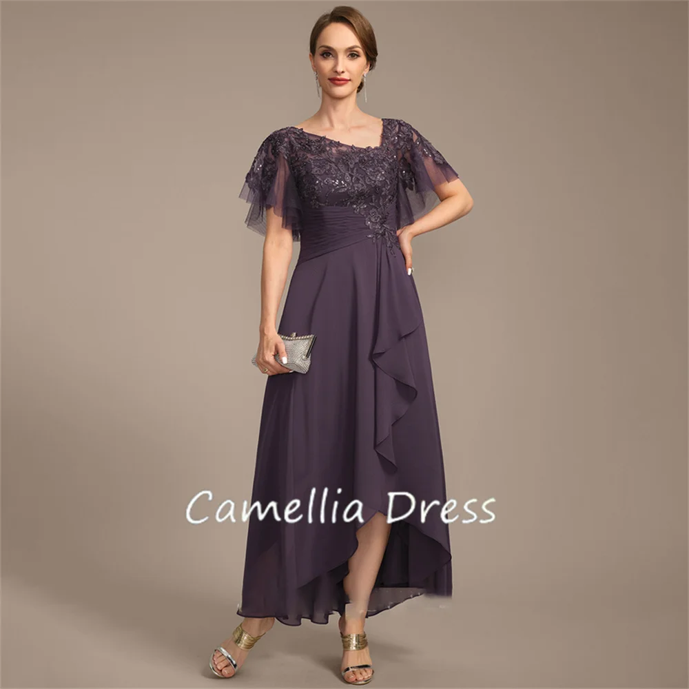 New Asymmetrical Mother Of The Bride Dress A-line Chiffon Lace Ruffles Sequins Formal Dresses Vestidos Mae Da Noiva Casamentos