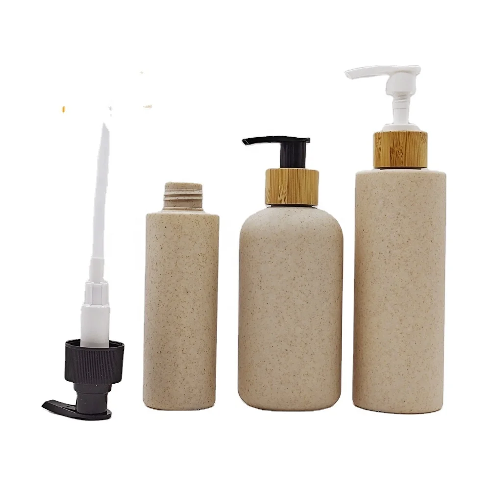 

50pcs 100ML Biodegradable eco friendly plastic wheat straw bottle with bamboo shampoo pump cap 250ml