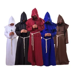 Halloween Costume Men Women Vintage Renaissance Monk Medieval Cosplay Cowl Friar Priest Hooded Robe Rope Cloak Cape
