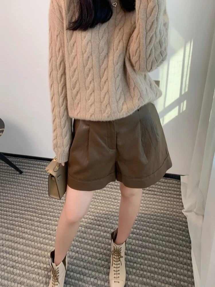 

Tan High Waist Leather orts Women's Loose Casual Autumn Winter Faion Design ket Detail Zipper Closure Polyester Blend