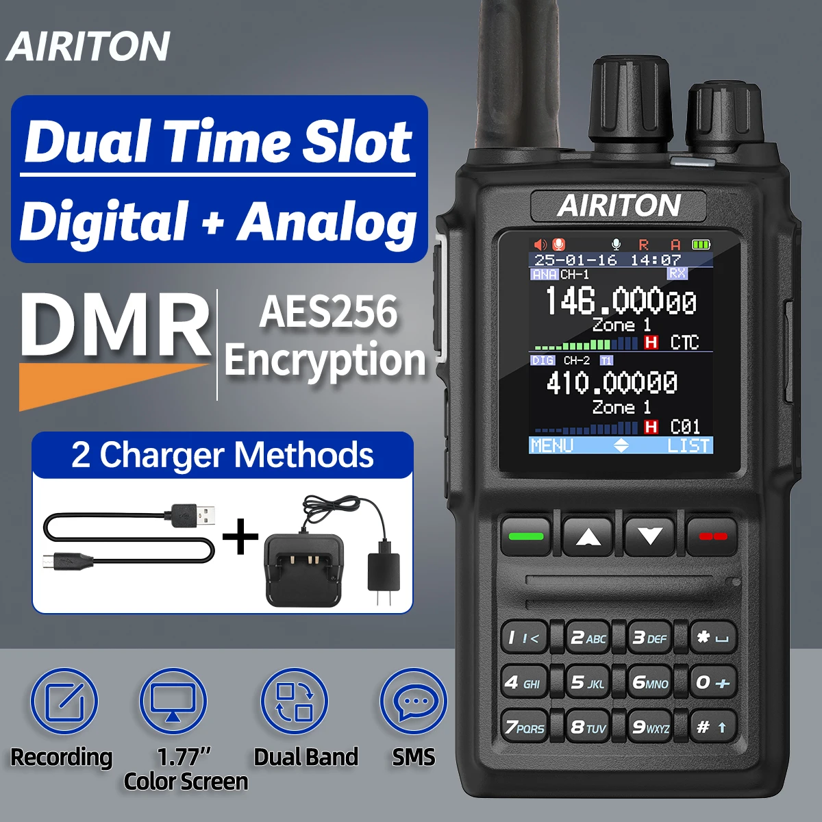 

AIRITON DM-168 DMR Digital Analog Walkie Talkie Dual Mode AES256 Encryption Amateur for AT-D168UV with Type-C Two Way Radio