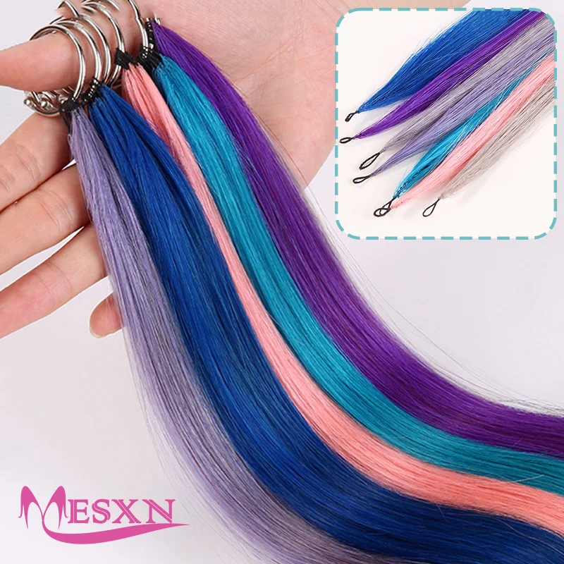 MESXN Color Feather hair extensions Straight Natural Real Human Microring Hair Extensions Color Purple Blue Pink Gray 18-20inch