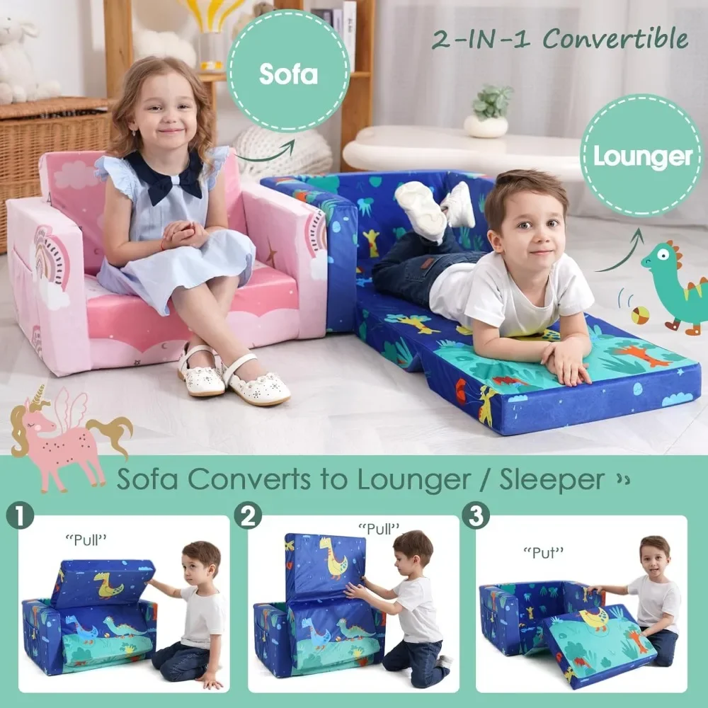 children's sofas, Kids Couch: Toddler Sofa Bed Fold Out for Gilrs Boys Baby Flip Out Convertible Lounge Chair Dinosaur