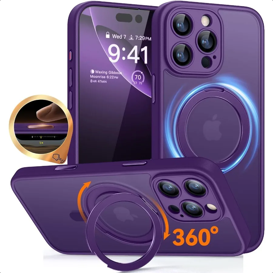 

CANSHN 360 Spin Magnetic Stand for iPhone 16 Pro Case with Camera Control [Full Camera Protection] [Compatible with Magsafe] Tr