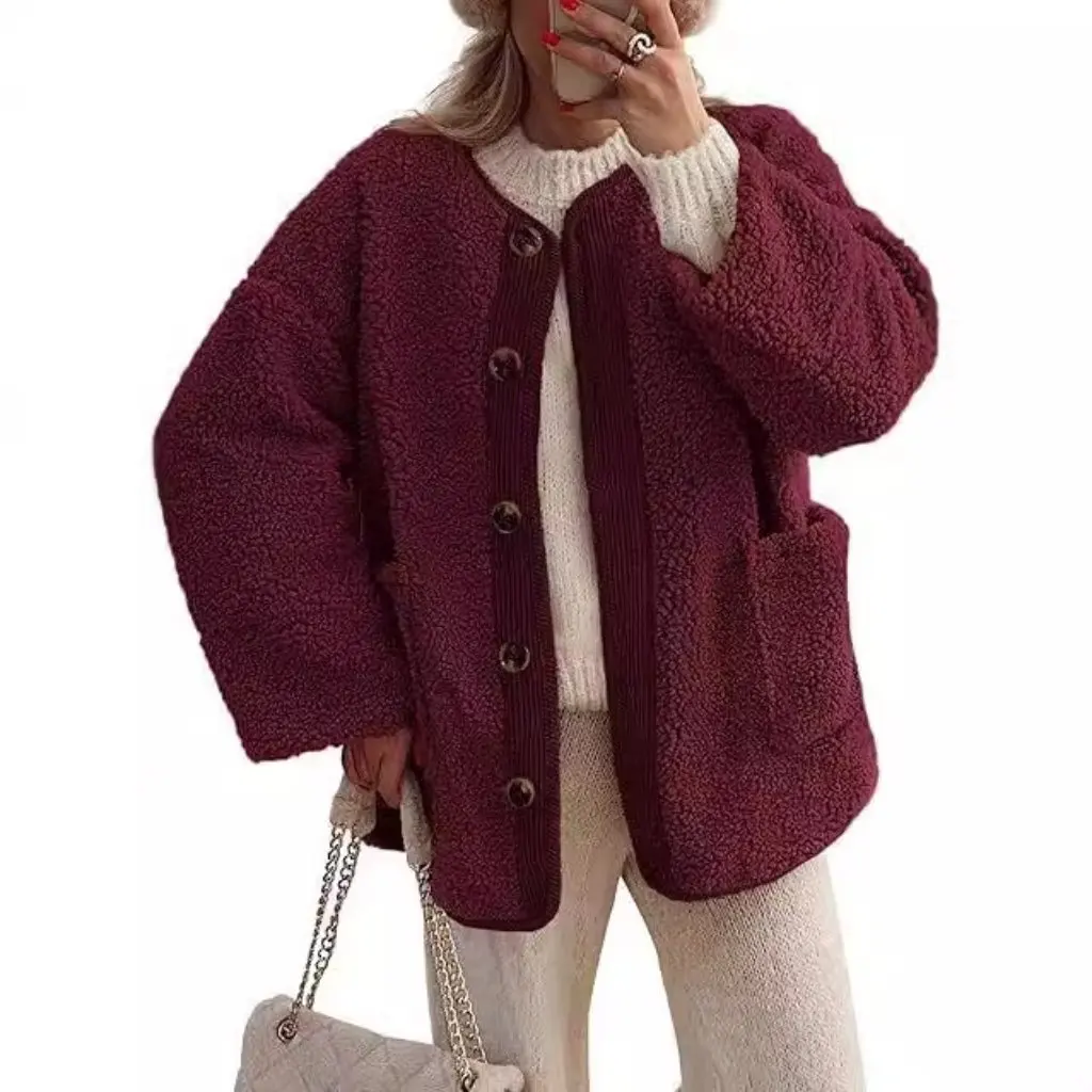 

Gd2024 Women's Warm Winter Outwear Casual Long-Sleeved Buttoned Plush Jacket European American Style Cashmere Outerwear