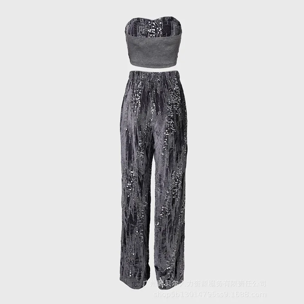 3 Piece Velvet Contrast Sequin Bandeau Top Hooded Sweatshirt Pants with Pockets Tracksuit