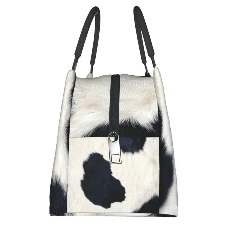 Real Black And White Cowhide Thermal Insulated Lunch Bags Print Women Rustic Cow Faux Fur Skin Leather Resuable Meal Food Box