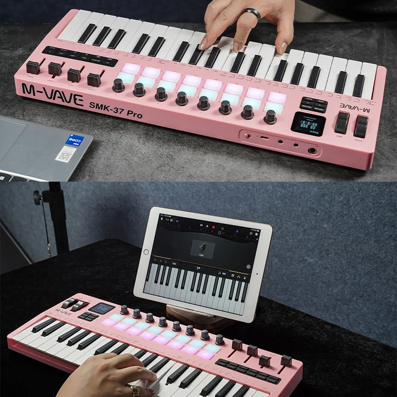 M-VAVE SMK-37 PRO Controlador MIDI USB de 37 teclas con 16 almohadillas RGB y 8 perillas compatible con funcionamiento de software para WINDOWS MAC IOS Android