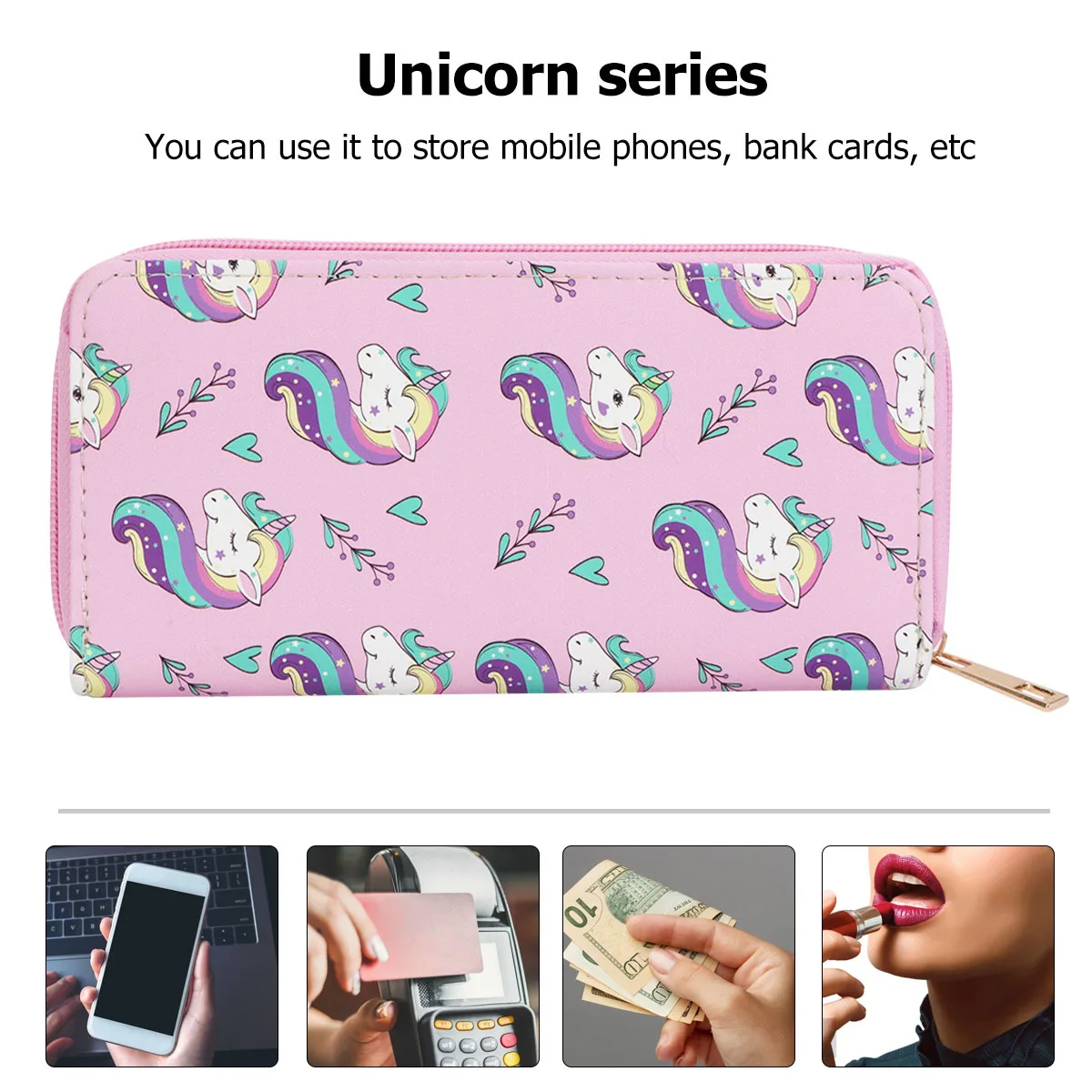 محفظة جميلة بنمط وحيد القرن من البولي يوريثان، محفظة طويلة، منظم بطاقات مدمجة، حامل نقود، تصميم كرتوني للمدرسة النسائية #5