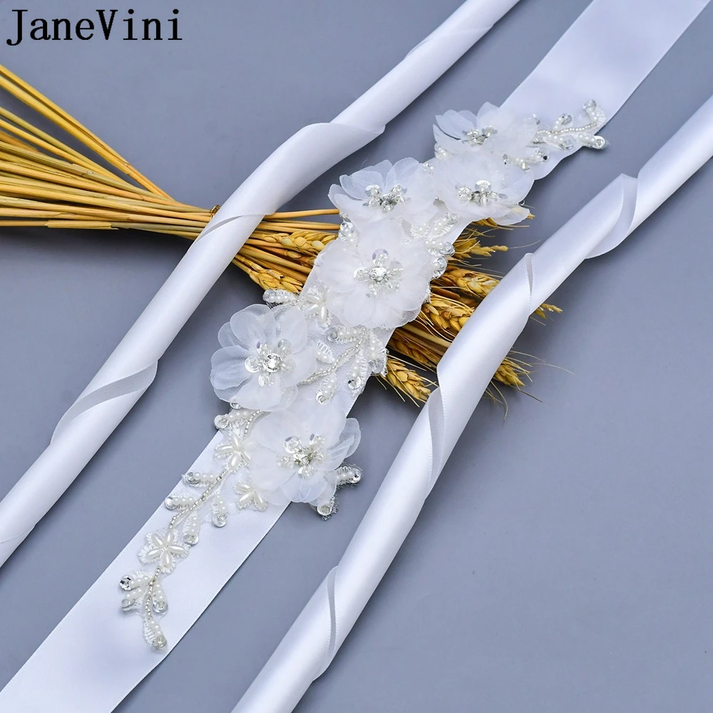 JaneVini Luxury Rhinestones Wedding Belt Crystal and Pearl Handmade 3D Flowers Bridal Women Belts for Dresses Ribbon Brautgürtel