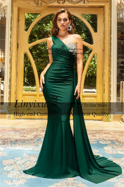 Vestidos De graduacion De sirena verde esmeralda con cristales un hombro sin espalda vestido De fiesta De noche Formal vestido De tren De corte largo AliExpress