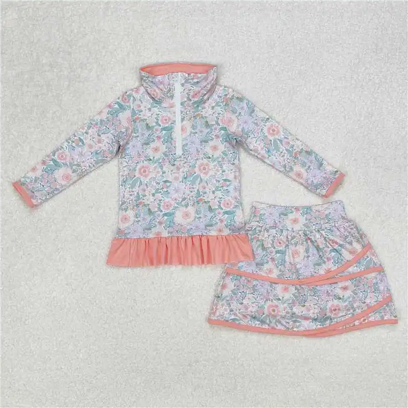 Wholesale New RTS Western Boutiuqe Outfits Sibling Baby Girls 6 Styles Flowers Zip Top Skirt Ruffle Skort Bottoms Sets