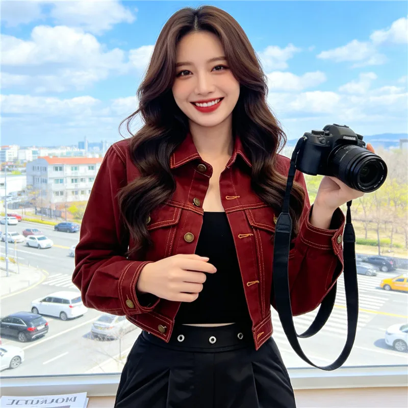 Spring Autumn Korean Red Slim Short Denim Jacket Lapel Single-Breasted Long Sleeve Casual Cropped Jeans Coat Female Streetwear