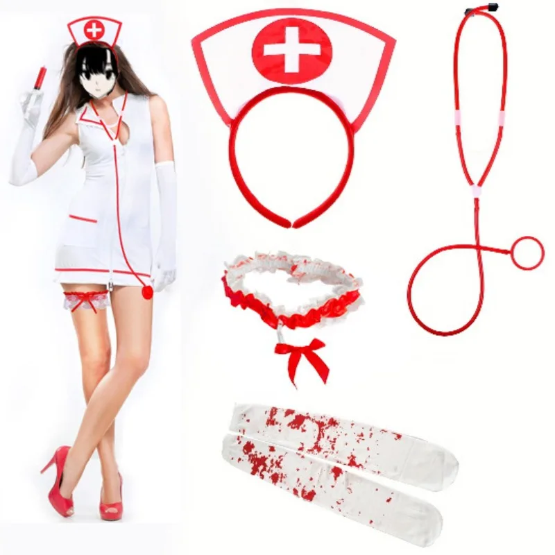 Couvre-chef d'infirmière d'halloween avec faux stylo stéthoscope, couvre-chef d'infirmière sexy, bandeau en dentelle rouge, costume de cosplay mignon, maquillage d'anniversaire