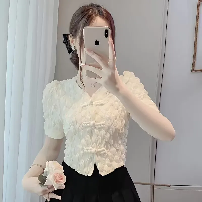 

Summer Women Knot Button Puff Sleeve Short Shirt 2025 Female Short Sleeve Dress Shirt Office Lady Elegant All-match Base Shirt