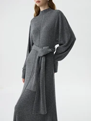 FSLE 33.8% Wool Half High Neck Knit Grey Elegant Women Dress 2024 Winter New Design Bat Sleeve Gentle Dress No Scarf 24FS14378