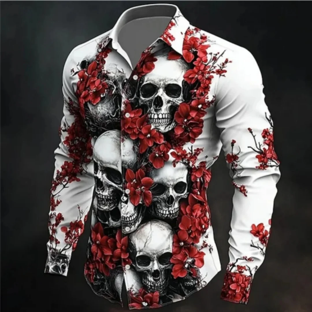 

Мужская рубашка с длинным рукавом с черепом Day of the Dead Rose, повседневная формальная рубашка на пуговицах в темном стиле, в готическом стиле, с праздничными лацканами, белая