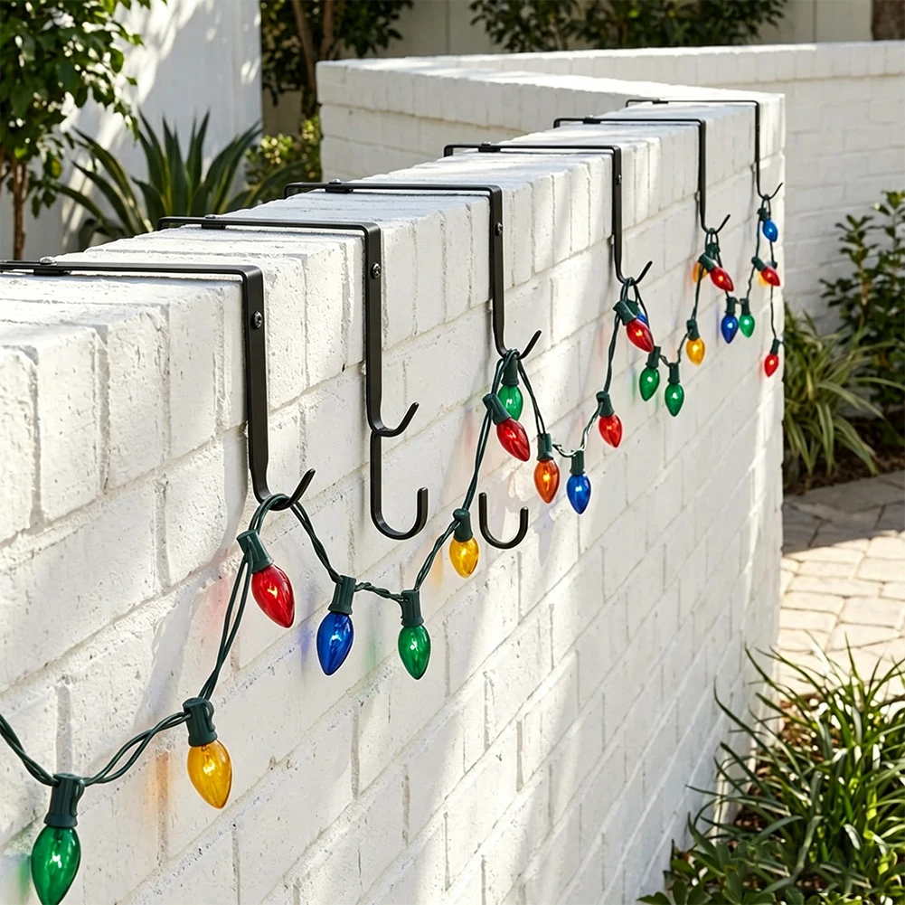 Black 8-Piece Adjustable Wall Hooks Outdoor Use No-Drill Installation for String Lights on Brick Concrete Walls