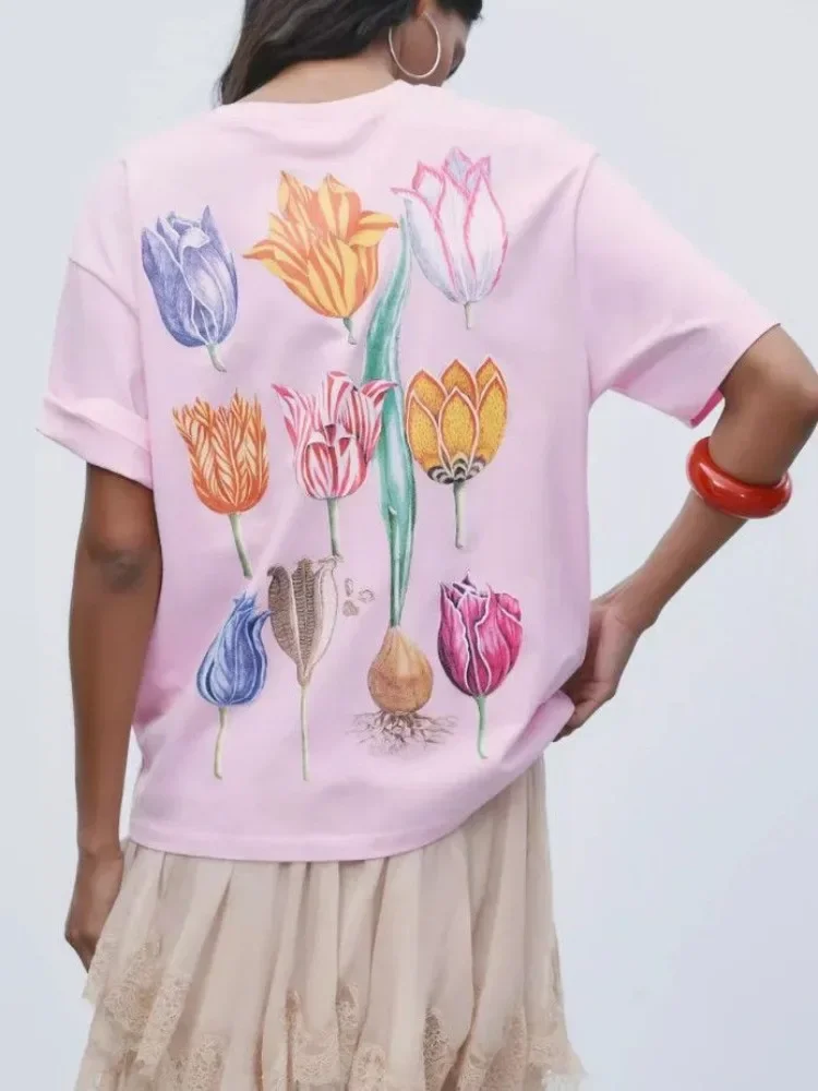 Pure Cotton Pink Russian Style Sweet Women Retro Flower Painting T Shirts Beautiful Unique Loose Short Sleeve Summer Y2k Top
