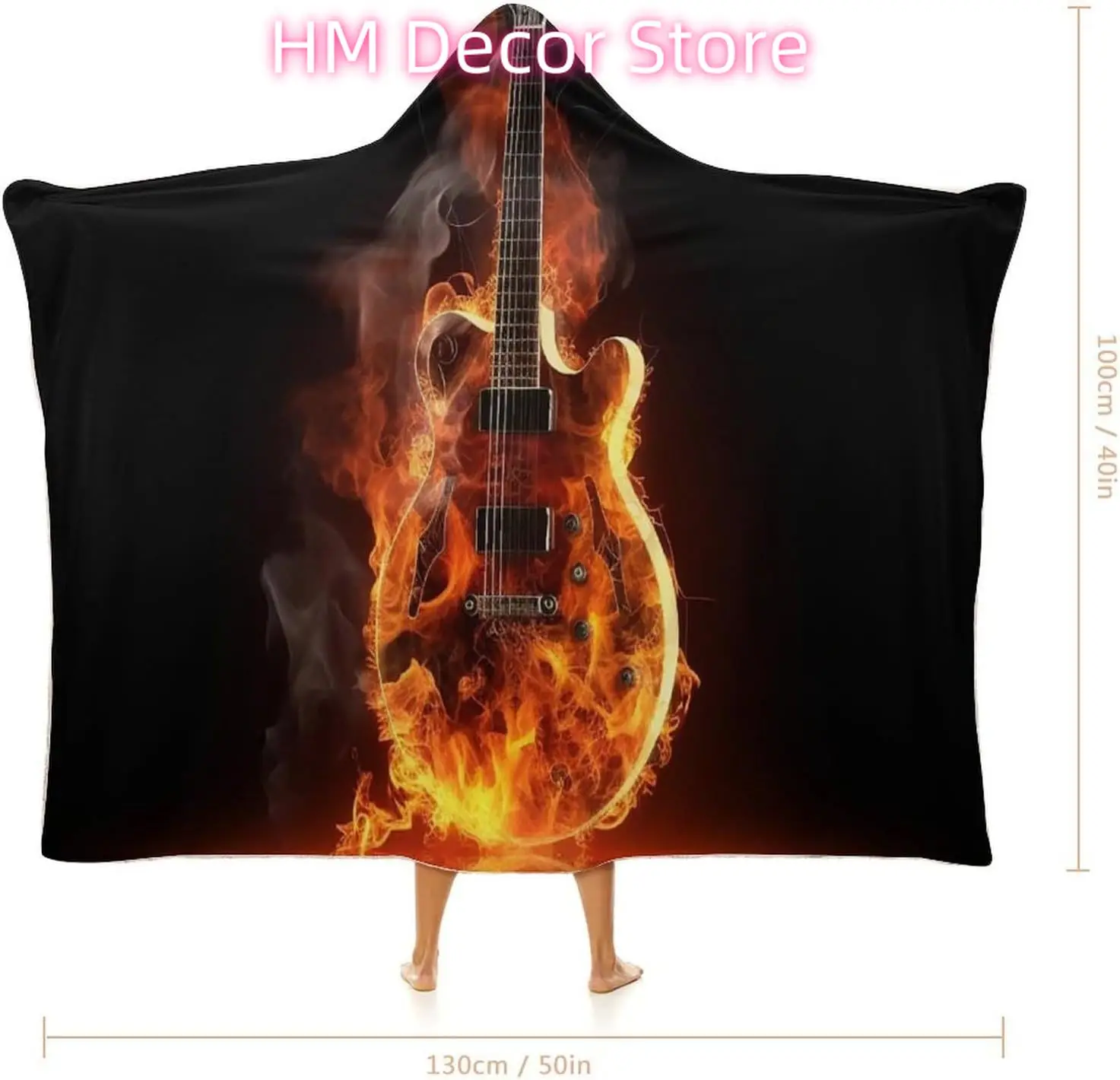 Fire Guitar Wearable Hooded Blanket, Ultra Soft Arctic Velvet Cape Cloak Unisex - Cozy Wearable Blanket