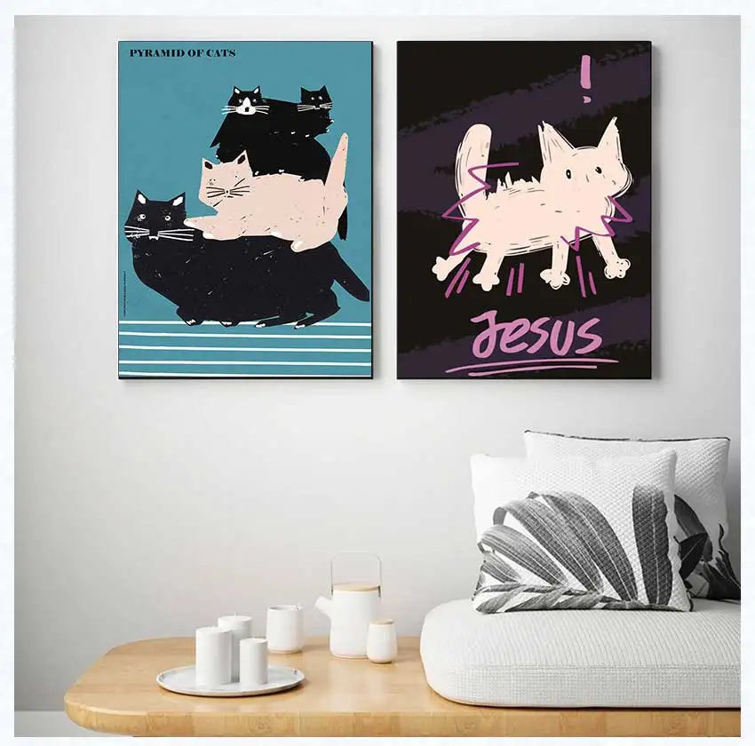 1pc frameless Canvas Painting Pyramid Of Cats Poster And Print Old Polish Poster Wall Art Four Cats Are Stacked Canvas Painting