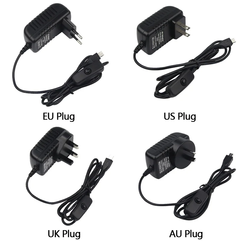 DC 5V 3A Supply 5V 3A Power EU US UK AU Plug Switch Button Micro USB Power Charger Adapter For Raspberry Pi 3